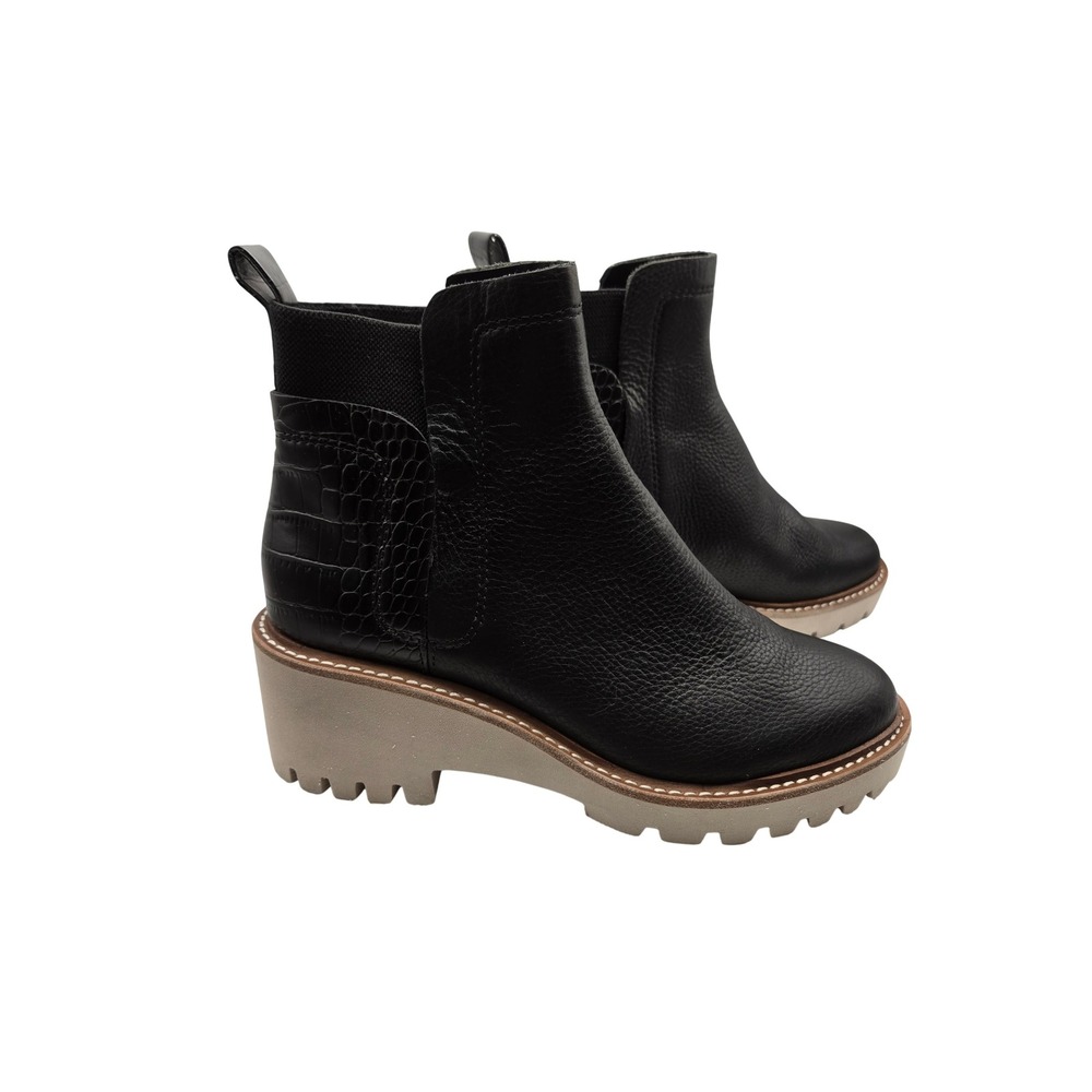 Dolce Vita Ankle Boots Women 7 HUEY Black Croc Leather Platform Lug Sole EUC